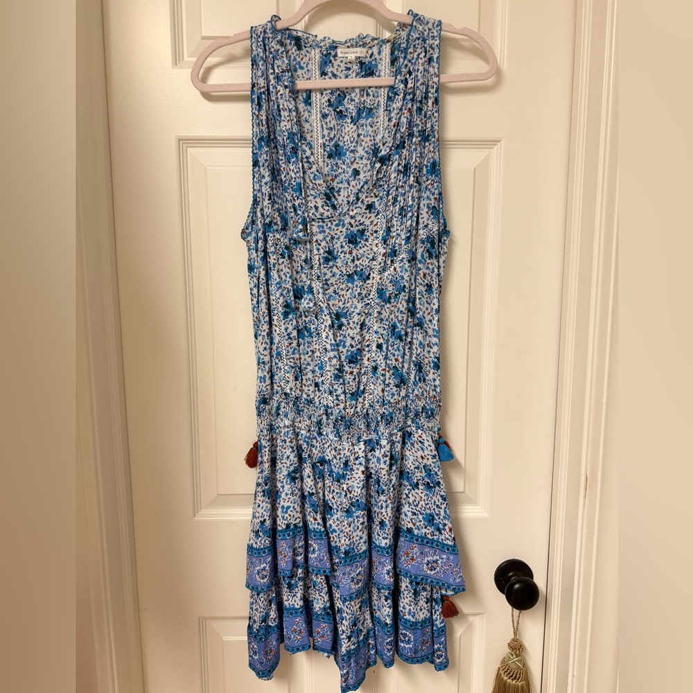 Poupette St Barth Mini‎ Dress Womens Sz M blue Floral Sundress Boho Beach